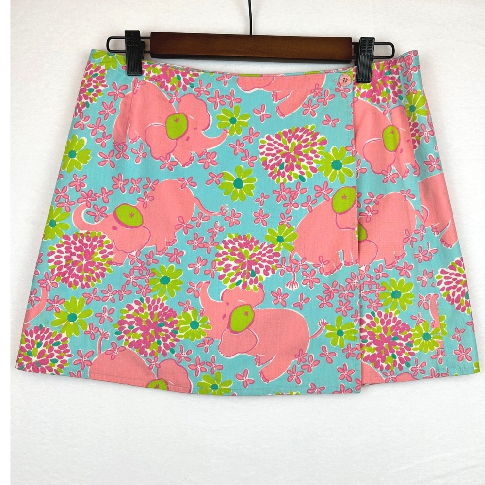 Lilly Pulitzer Pink Elephant Floral Mini Skirt Blue Wrap‎ A-Line Cotton Size 4